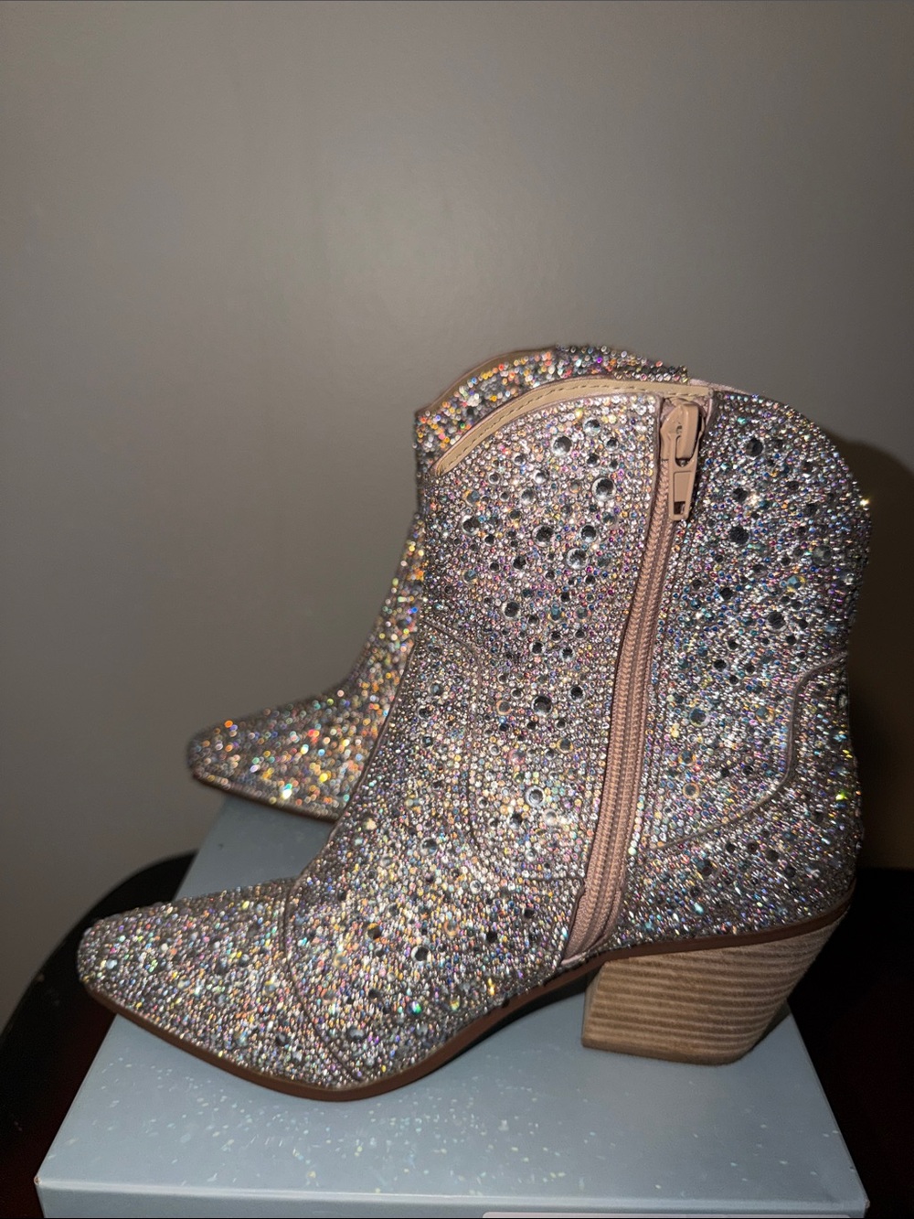 EUC Betsey Johnson Rose Gold Glitter Studded Western Ankle Boots - Picture 6 of 6